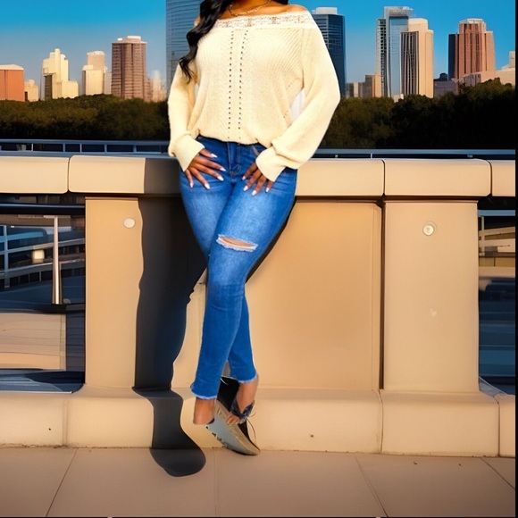 Unique Apricot Lace Trim Neckline Off Shoulder Open Design Down Front Sweater - Picture 4 of 10